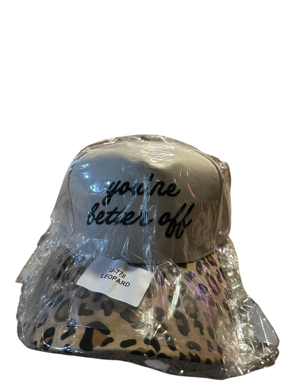 Zenana Outfitters Beige and Leopard Print Cap - "you're better off" Embroidered